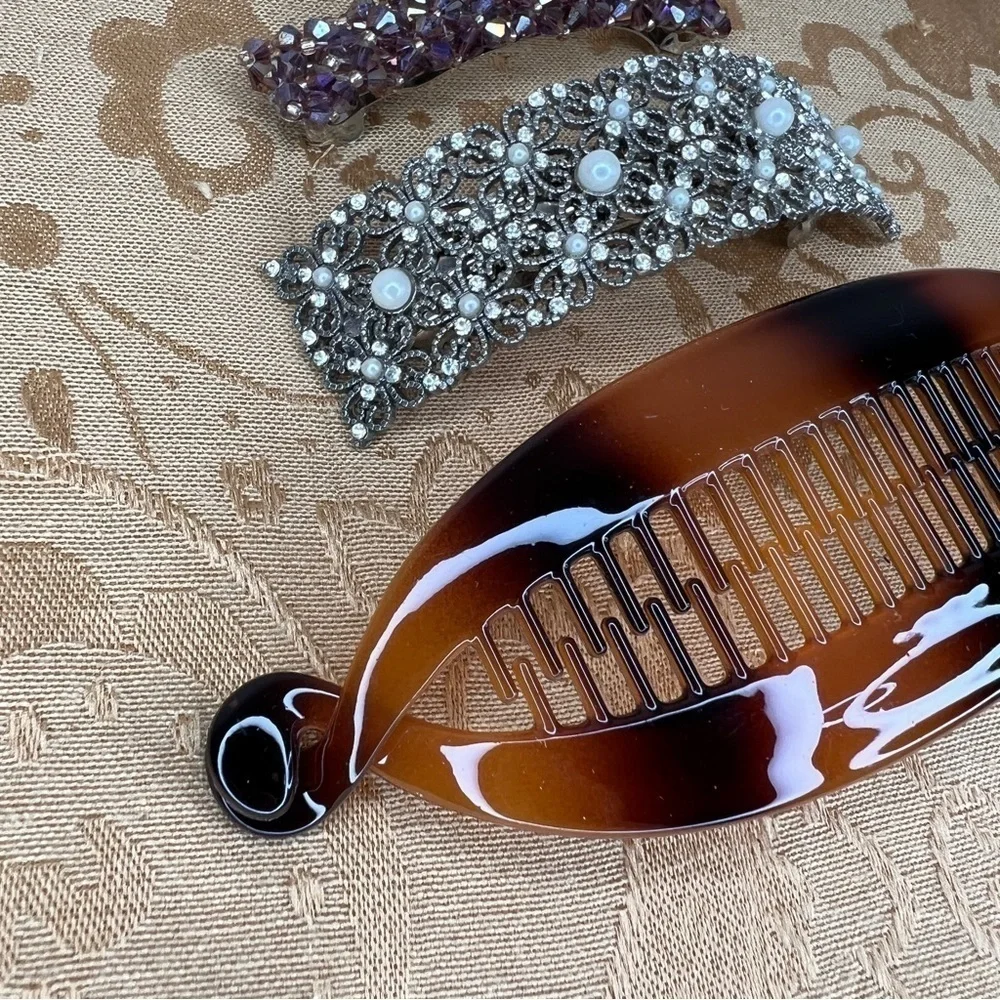 Set Of 3 Hair Accessories Lot Tortoise Glam Rhinestone Gemstone Clip In Event